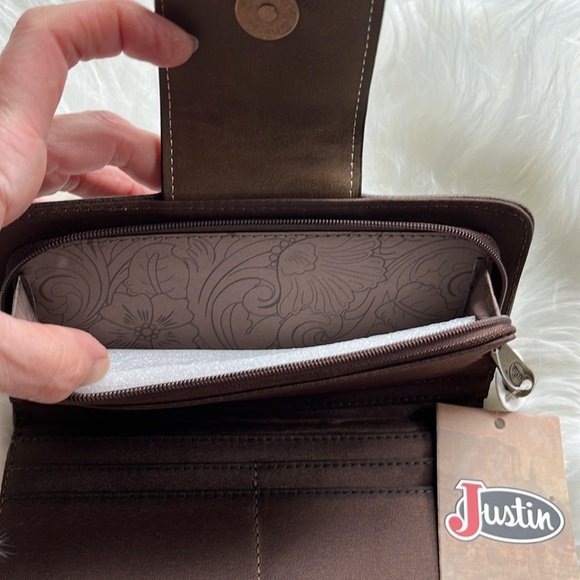 🆕 Justin Boots Ladies Wallet RFID Two-Tone Brown Zipper Magnetic Closure - Picture 5 of 8
